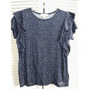 Michael Kors Floral Ruffle Cap Sleeve Blue Yellow White Top Size Small